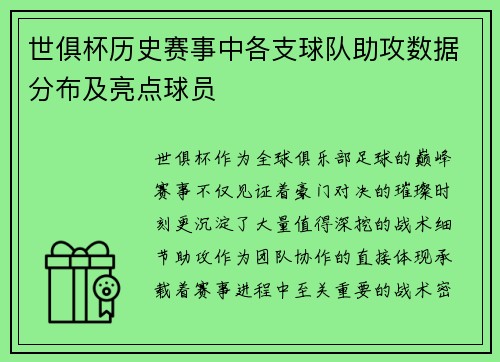 世俱杯历史赛事中各支球队助攻数据分布及亮点球员